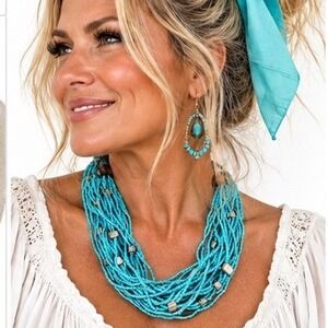 Southwestern Turquoise Seed Bead Multi Strand Shell Detail Necklace Boho Coastal